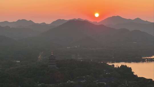 航拍杭州雷峰塔日落