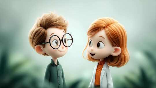卡通男孩女孩微笑对视温馨互动