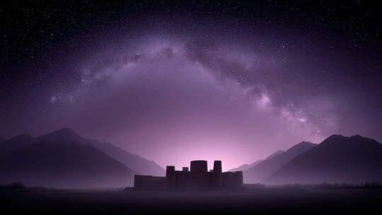 紫色星空下古老城堡的神秘剪影