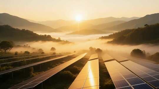 山间晨曦中的太阳能光伏板