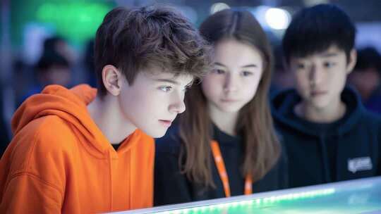 青少年专注观看科技展台屏幕