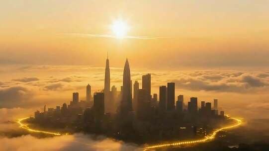 城市云海日出航拍素材
