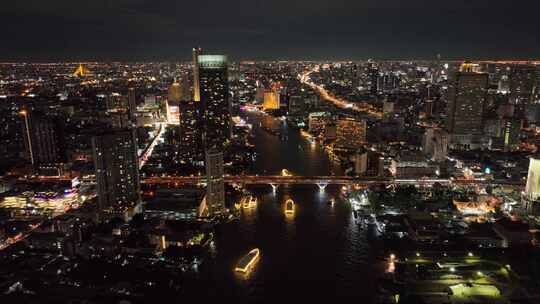 航拍泰国曼谷湄南河城市天际线夜景风光