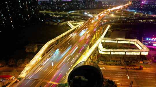 杭州钱塘新区东湖高架路立交桥夜景车流延时