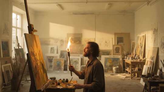 画室中持火炬作画的艺术家