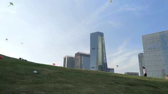 厦门市民游客在集美新城公园草坪放风筝