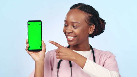 医生，微笑和绿屏电话，好的，指着移动设备