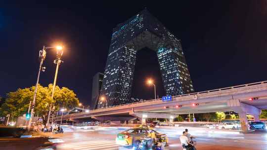 北京央视大楼大裤衩 城市夜景延时车流人流