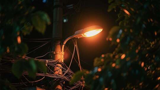 夜晚街角亮灯的路灯素材