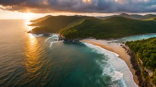 海岸山林日落航拍全景