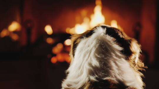 一只狗看着壁炉里的火