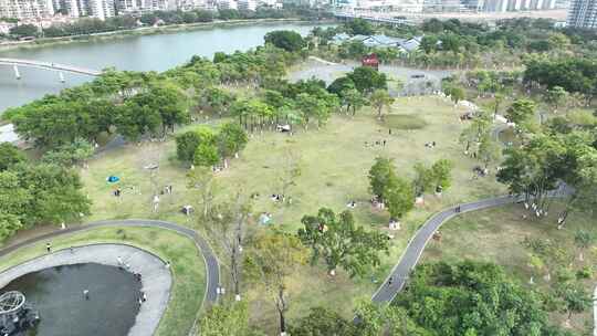 城市公园户外露营航拍草地休闲生活户外活动