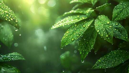 春雨，雨水雨滴落在绿色的树叶上