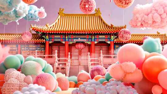 棉球毛绒风格 国风建筑超现实片头大屏背景