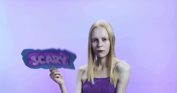 令人毛骨悚然的吸血鬼女人拿着万圣节装饰海