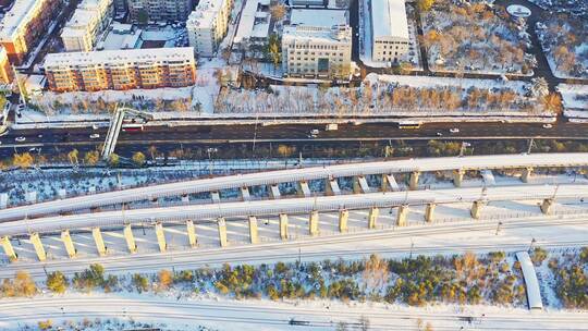 东北辽宁沈阳城市冬季雪景航拍街道与建筑