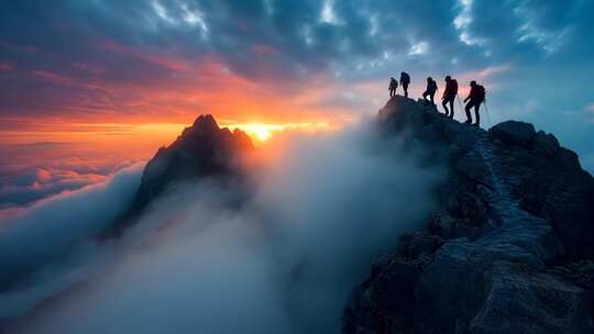 登山者山顶观日出云海