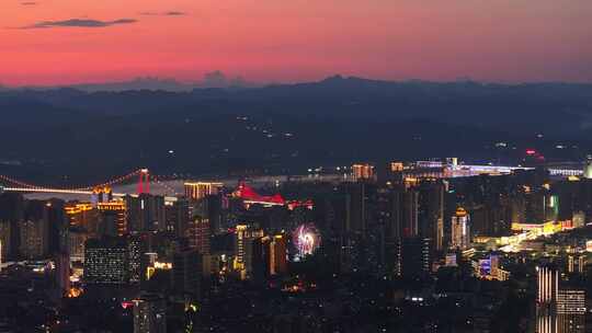 航拍湖北宜昌城市摩天轮夜景