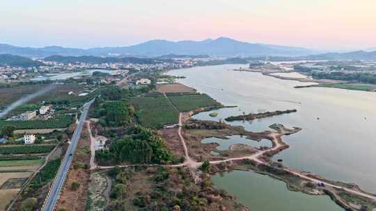 航拍冬季白昼惠州横沥东江边城镇乡村场景