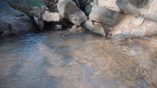 溪流清澈溪水泉水从山间树林石缝流出3