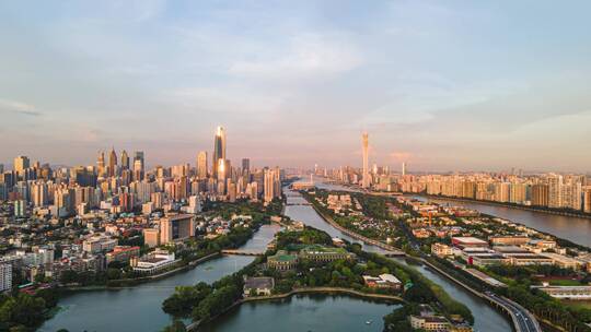广州塔和珠江新城城市天际线延时航拍4k