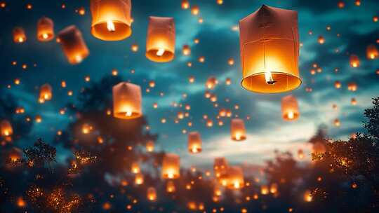 夜空中放飞的孔明灯