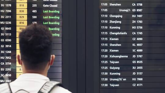 机场大厅航班动态显示屏查看信息的旅客背影