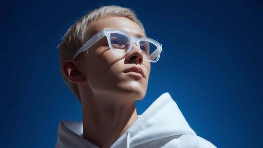 前卫时尚人物特写于简约纯净蓝天背景