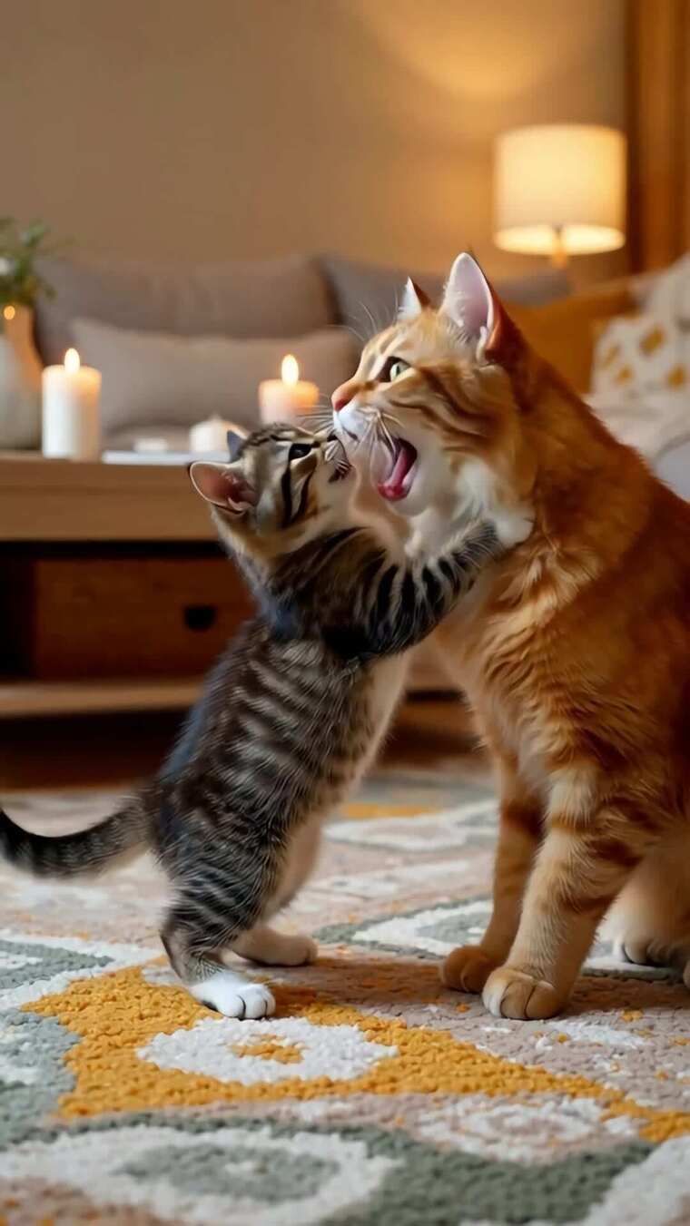 室内大小猫咪互动瞬间