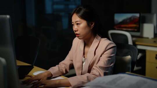 女性办公室夜晚加班场景