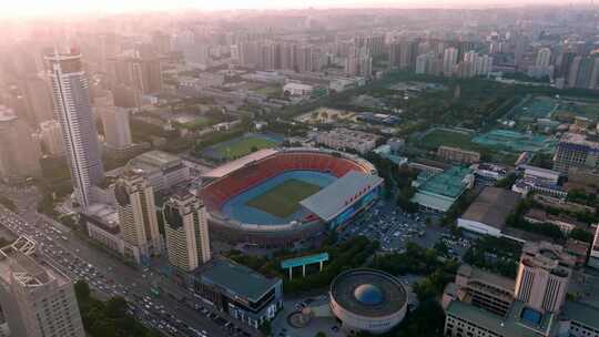 航拍陕西省体育馆夕阳