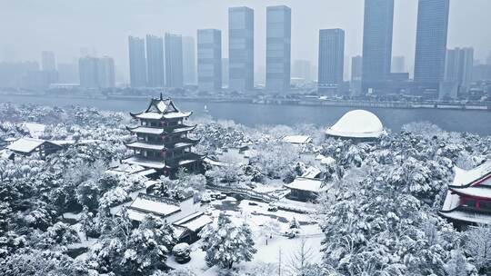 长沙橘子洲湘江大雪雪景航拍