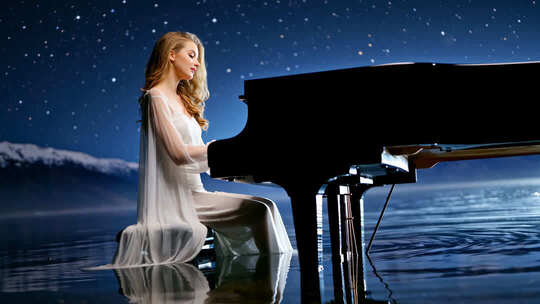 女子湖畔优雅弹奏钢琴