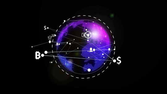 黑色背景上被元宇宙符号包围的数字环形地球