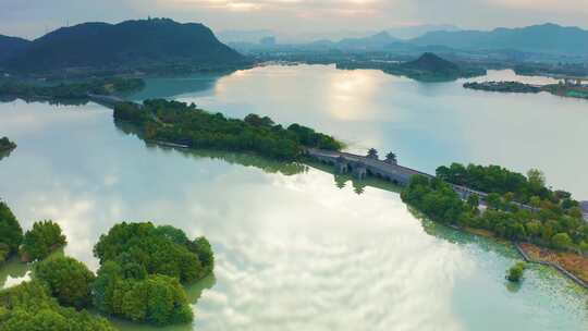 杭州萧山区湘湖晨曦航拍视频素材模板下载