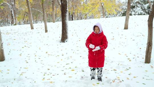 冬天在公园树林里玩雪的中国女孩形象