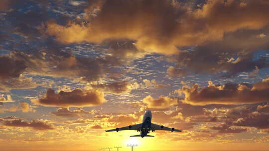 夕阳下机场飞机起飞迎着太阳视频素材模板下载