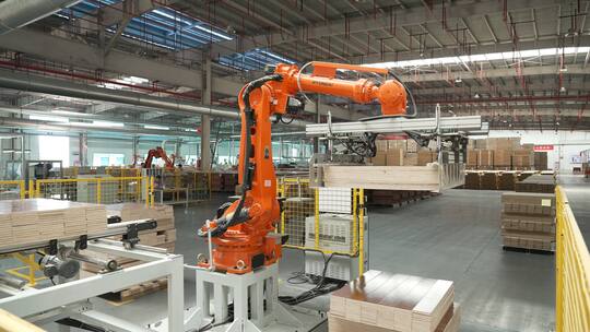 4K竹木加工工厂车间自动化机械手臂视频素材模板下载