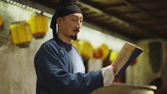 唐朝古代古装古人在酿酒作坊内查看配方书籍视频素材模板下载