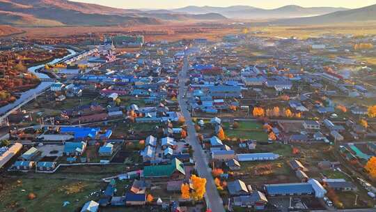 内蒙古恩和俄罗斯族民族乡秋天清晨航拍