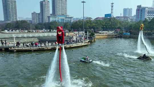 水上飞人舞狮表演航拍素材