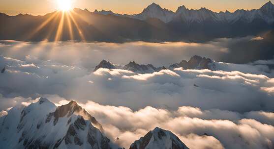 雪山云雾阳光山峰云海日出自然生态环境风景