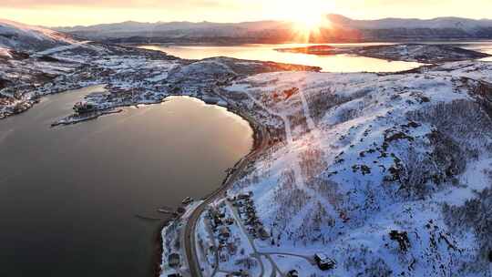 4K航拍北欧挪威特罗姆瑟雪景日出风光