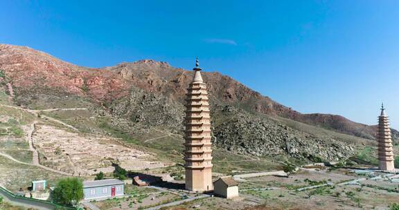 银川贺兰山双塔寺景区航拍