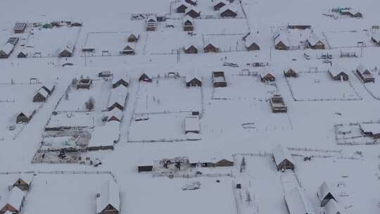 航拍新疆喀纳斯新村雪景