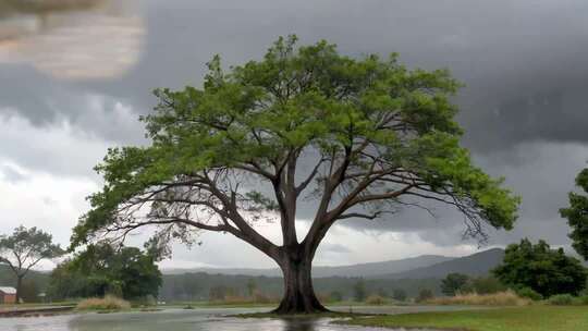 暴雨中独立的大树景观