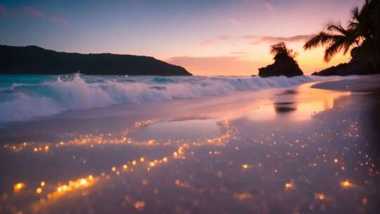 海滩日落海浪与棕榈树景观