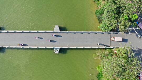 东莞航拍华阳湖湿地公园桥梁俯视左横移