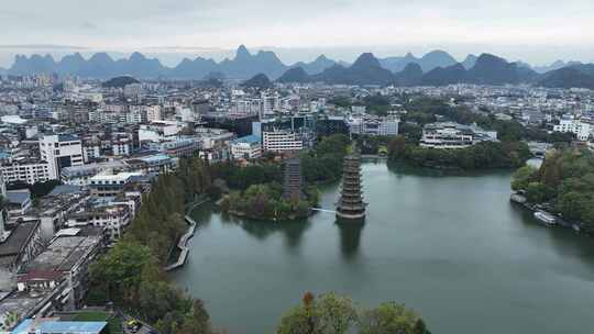 航拍广西省桂林市日月双塔文化公园城市风光