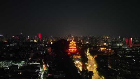 武汉黄鹤楼夜景航拍城市夜晚古建筑黑夜风光